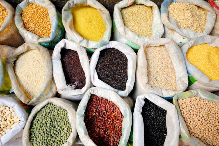 Sacks of healthy legumes and grains.